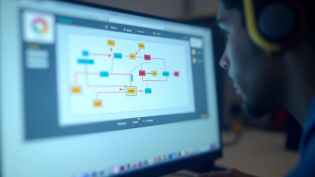 Ecran de computer cu interfață vizuală de fluxuri Make, module conectate cu linii colorate, logică de automatizare