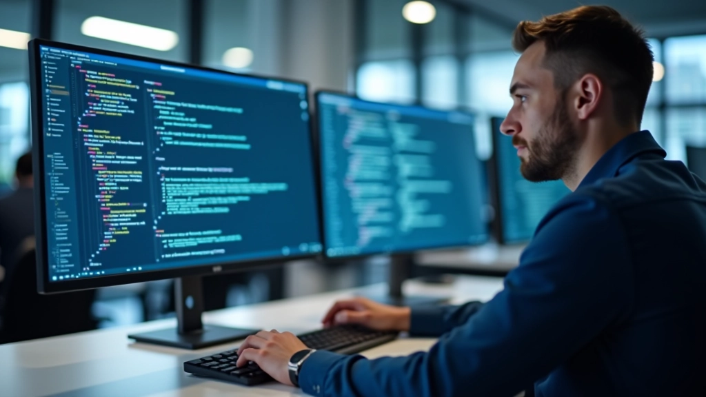 Developer codând la computer cu multiple ecrane și cod vizibil