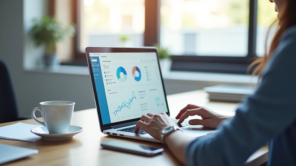 Grafic de progres și metrici pe monitor în birou modern