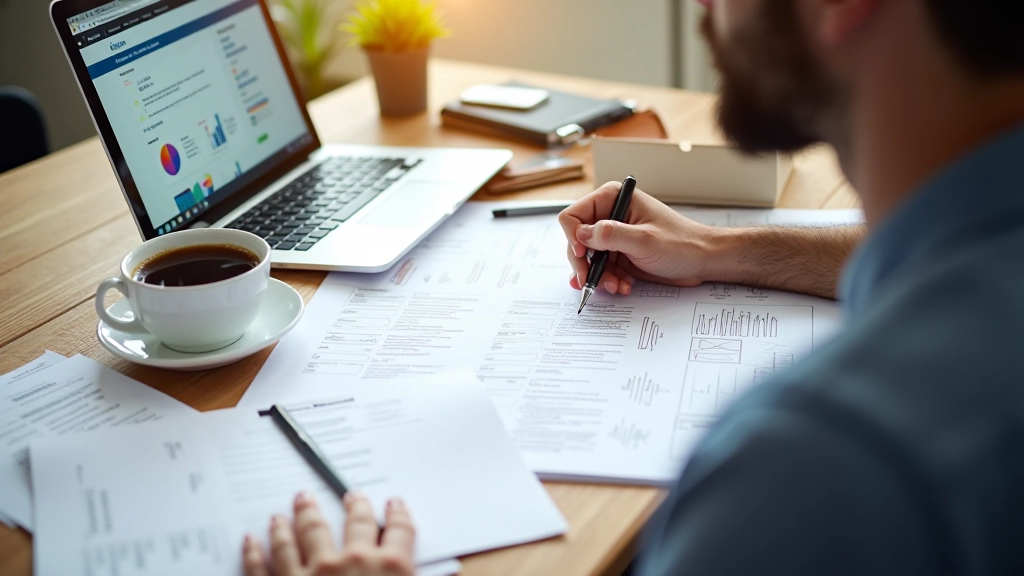 Persoană la birou cu laptop, analizând platforme de automatizare