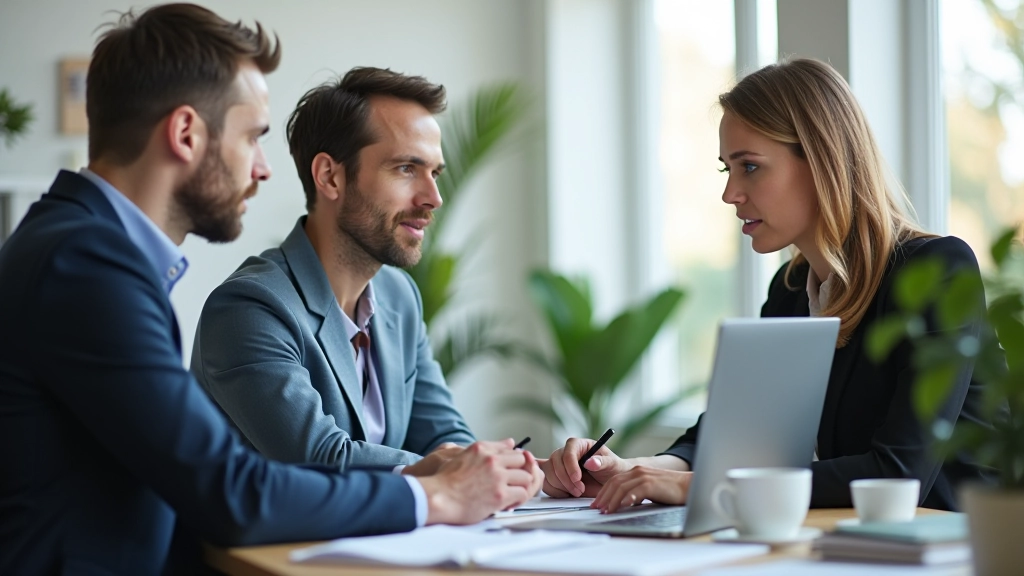 Echipă în birou lucrând la laptop cu interfață de automatizare pe ecran