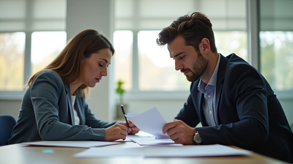 Doi colegi discutând feedback la birou cu formulare și note