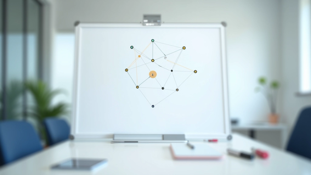 Diagramă rețea pe whiteboard cu noduri și conexiuni, conexiuni între sisteme